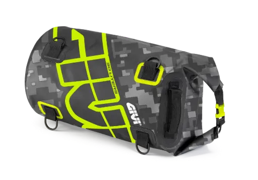[ea114cm] Bolso sillin cilindrica waterproof 30 lts - grafica camuflado gris / amarillo